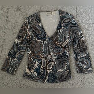 Paradox Y2K Paisley Blue & Brown Mixed Color Palette w/ Fitted 3/4 Sleeve Blouse